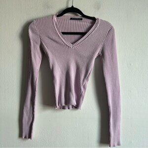 Brandy Melville Sz S Lilac Ribbed Knit Cotton Long Sleeves V Neck Sweater